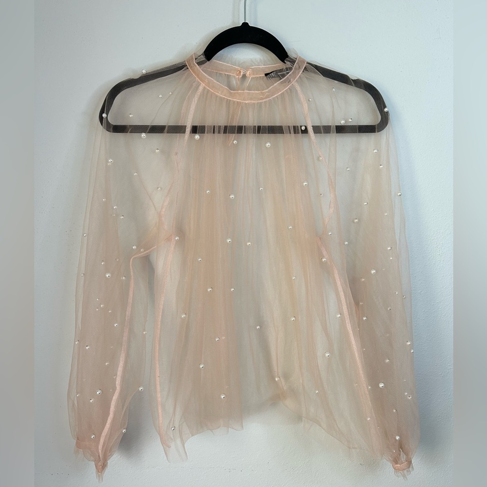 INC Pearl Sheer Tulle Long Sleeve Blouse
